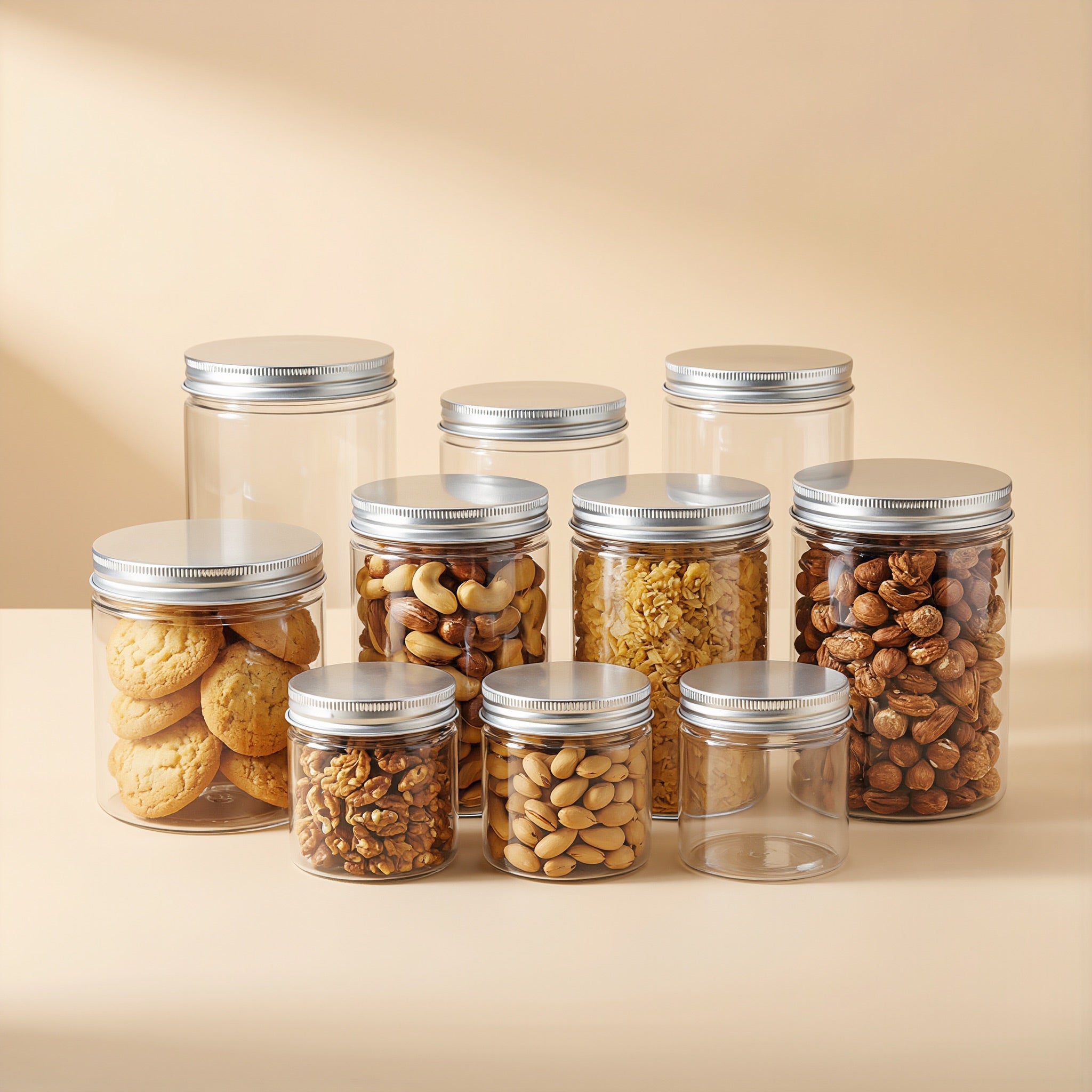 Clear PET cookie jars with silver lids